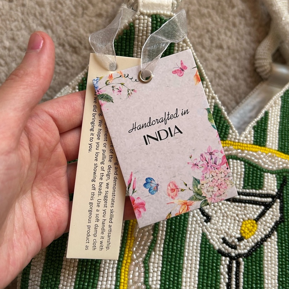 💜SOLD💜Handcrafted In India Beaded Martini Double Handle Satchel Green/White - Picture 3 of 11